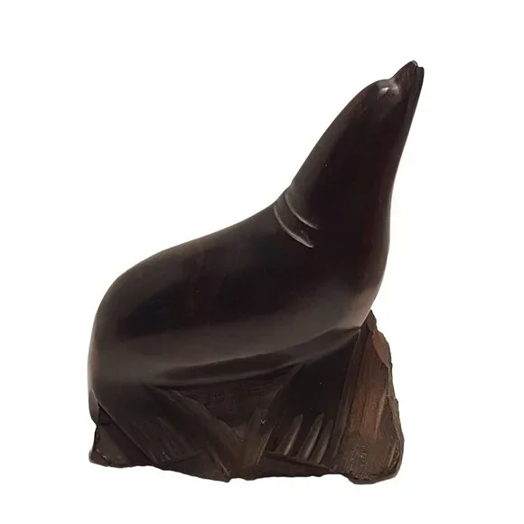Vintage Iron Wood Hand Carved Folk Art Sculpture Sea Lion Seal MCM Modernist - Picture 1 of 8